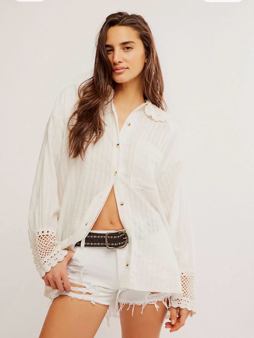 We The Free Rhiannon Cream Crochet-Trim Button Down Shirt
